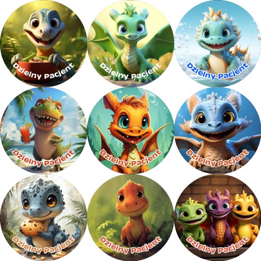 Nálepky Odvážny pacient 100 ks. 10 dizajnov! DRAČIE DINOSAURY! REZ!