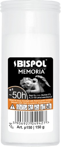 Parafínové vložky do sviečok BISPOL P150 50H 1 ks. PARAFÍNOVÁ VLOŽKA DO SVIEČKOV