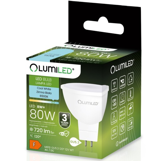 LED žiarovka GU5.3 MR16 8W = 80W 720lm 6500K Studená 120° 12V LUMILED