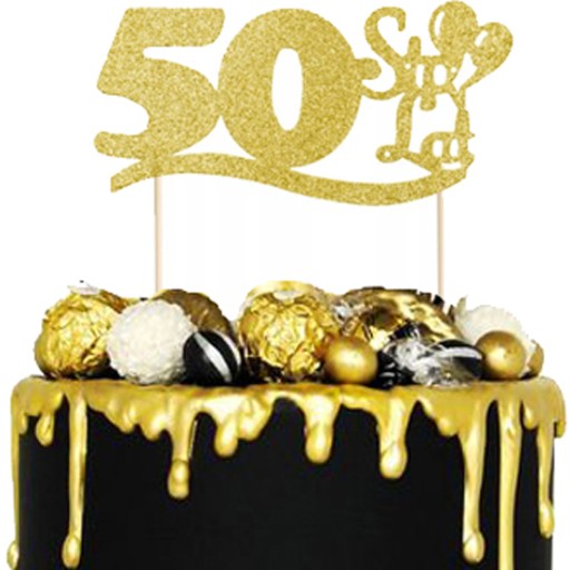 Narodeninový topper 50 HAPPY BIRTHDAY ozdoba na tortu balóniky piker GOLD Glitter