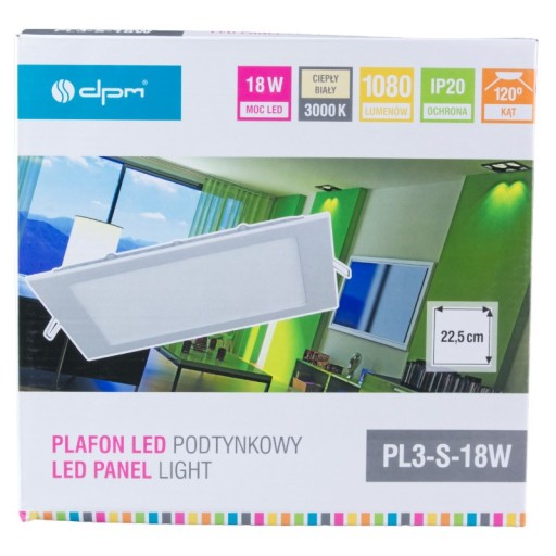 18 W zapustené stropné svietidlo, štvorcové biele LED