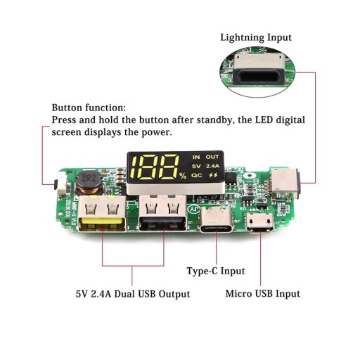 QC 2,4A USB-C Lightning BMS + LCD modul powerbanky