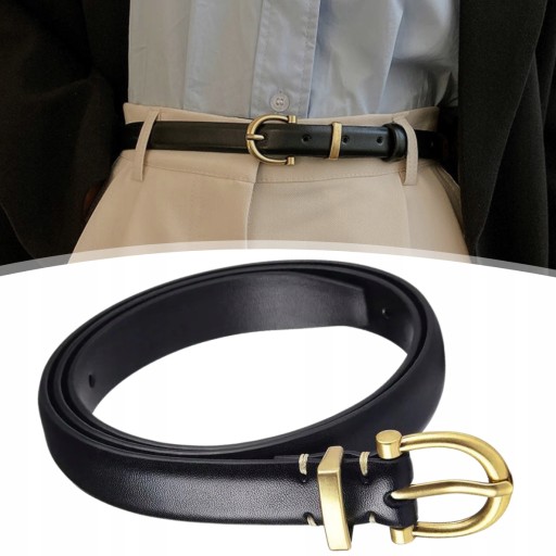 Dámsky kožený čierny opasok, zlatá pracka, elegantné nohavice, prírodná koža