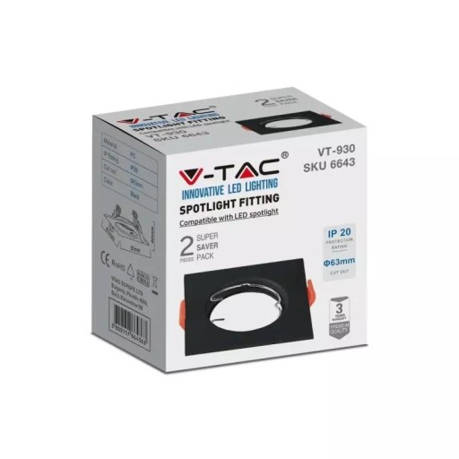 V-TAC GU10 vložené očko štvorcové čierne (balenie 2 ks) VT-930 3-ročná záruka