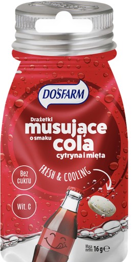 Dražé cukríky BEZ CUKRU, šumivá cola a mäta s vitamínom C DOSFARM