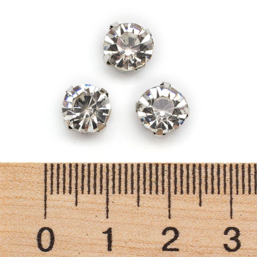 Kamienky na šitie, sklenené/mosadzné, okrúhle ploché, číre, 8x6mm, 20ks