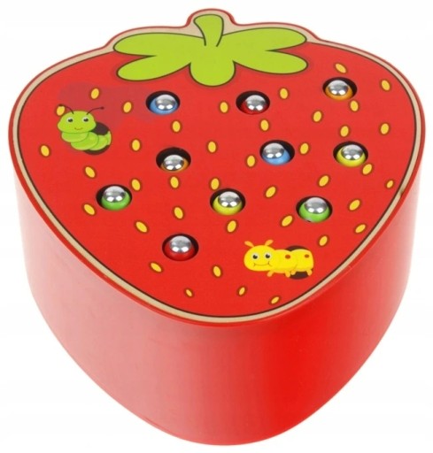 DREVENÁ HRA CHYŤTE ČERVIKU MAGNET JAHODOVÝ TYČ