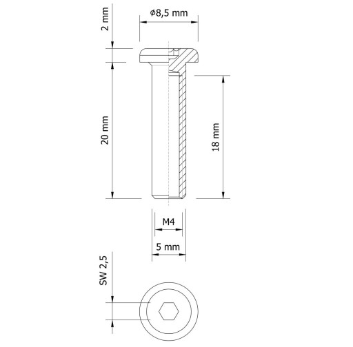 Spojovacia matica, typ Ericson, nehrdzavejúca oceľ, plochá hlava M4 x 20 mm
