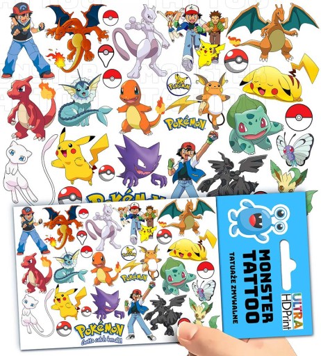 UMÝVAJÚCE DOČASNÉ TETOVANIE PRE DETI DETSKÉ POKEMONY ORIGINÁLNE DIZAJNY