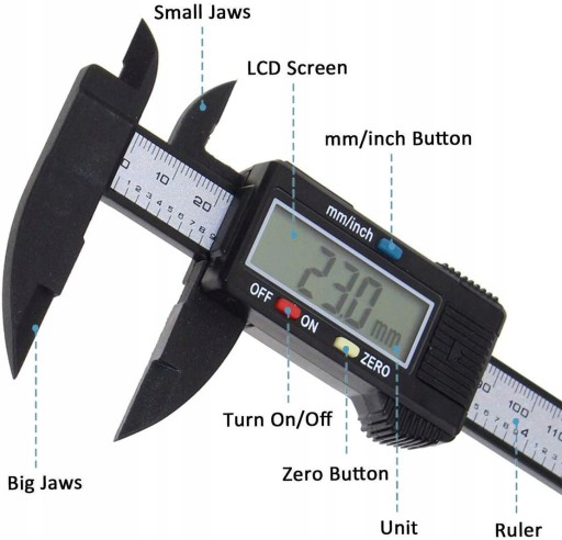 ELEKTRONICKÝ DIGITÁLNY LCD POSUV 0-150 mm UHLÍKOVÝ ČÍTAČ 0,01 S BATÉRIOU