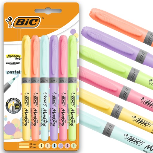 BIC Zvýrazňovač GRIP ŠKOLSKÝ ZVÝRAZŇOVAČ KANCELÁRIA 6 PASTELOVÝCH FARIEB