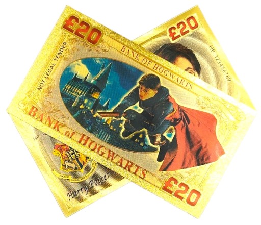 Krásna pozlátená bankovka v hodnote 20 libier Harry Potter