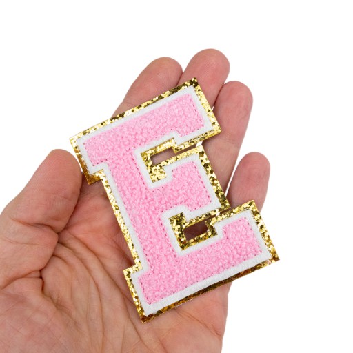 PATCH ružový veľký nápis LETTER E trblietavý písmo
