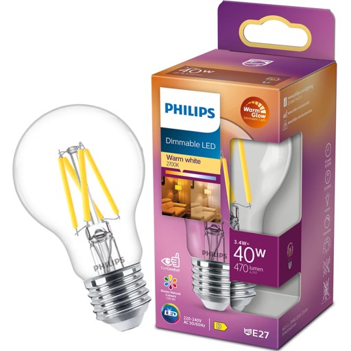 E27 A60 LED žiarovka 3,4W = 40W 470lm Teplé vlákno Stmievateľné PHILIPS
