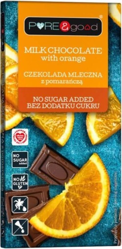 Mliečna čokoláda s pomarančom, bez pridaného cukru, 75 g Pure&Good