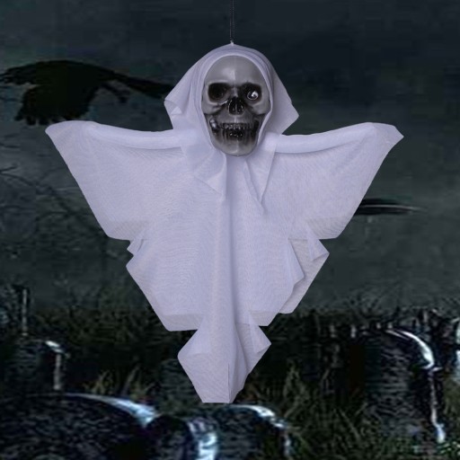 ZÁVISNÁ HLAVA LEBKA HALLOWEENSKÁ DEKORÁCIA STRAŠIDLÁ ORGABA BIELA