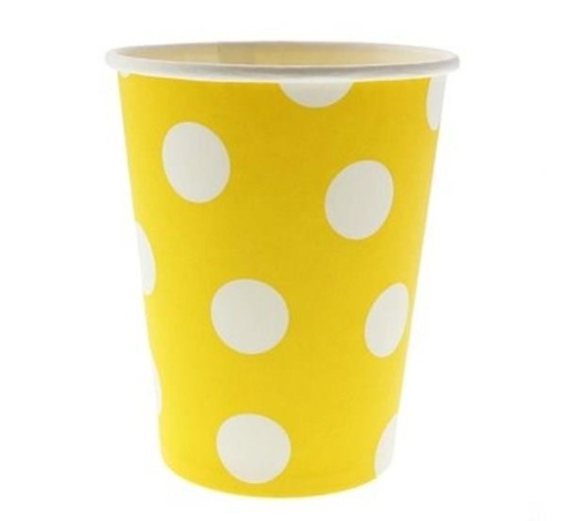 papierové poháre žlté, biele bodky, 270ml/6 ks.