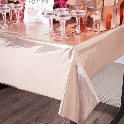 ROSE GOLD jednorazový fóliový obrus ROSE GOLD metalický narodeninový stolík