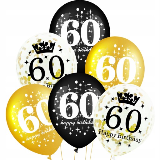 Narodeninové balóny 60 HAPPY BIRTHDAY so zlato-čiernymi konfetami dekorácie HEL 6