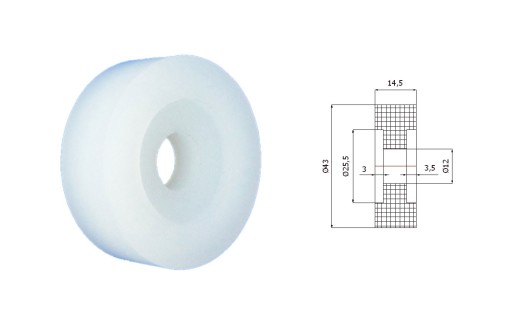 RB Polyamidový valček bez ložísk, priemer 43 mm, priemer 12 mm
