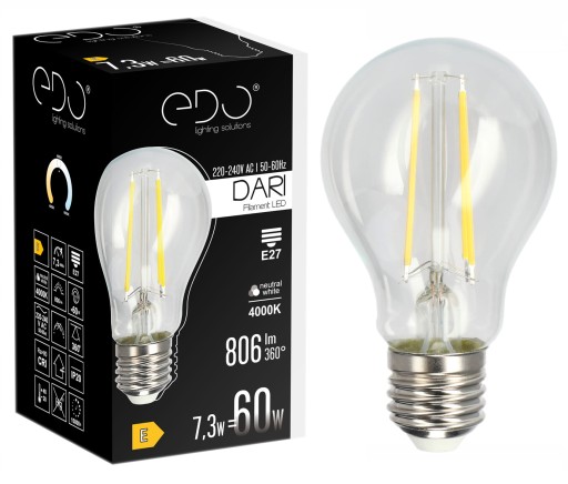 Dekoratívna LED žiarovka E27 A60 CLEAR 7,3W 4000K neutrálna 806lm EDO