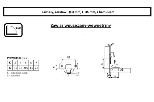 GHPro vnútorný 3D nábytkový pánt, rozmer 48/6.