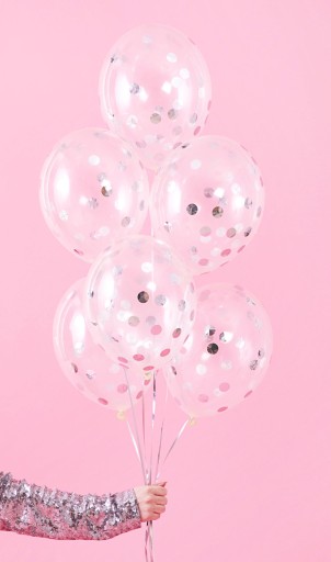 BALÓNY S KONFETMI, strieborné, 30 cm, 6 ks na narodeniny, Silvester, svadba