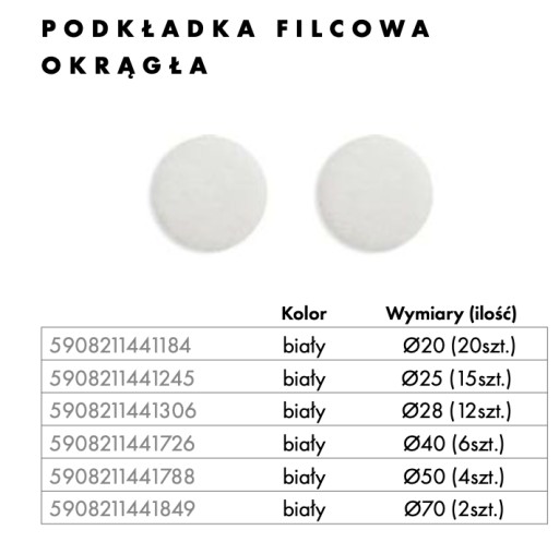 Plsťová podložka fi.40 biela, 6 ks.