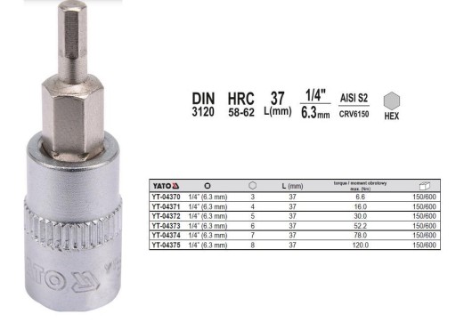 Imbusový kľúč na 1/4'' imbus 5 mm 37 mm YATO YT-04372