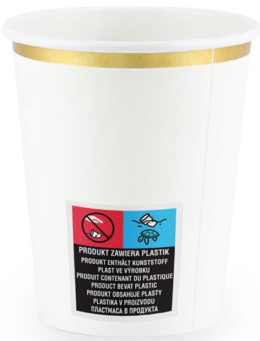 Papierové poháre BIELE ZLATÉ na narodeniny, sväté prijímanie, svadby, 260 ml, 6 ks