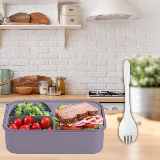LUNCHBOX, šedá nádoba na chlebíčky, obed, škola, s 3 priehradkami