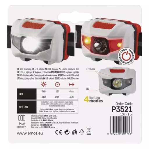 EMOS LED HLAVOVÁ LAMPA 1W 85LM 65M 3x AAA P3521