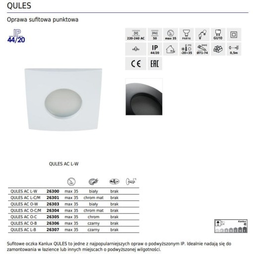 Stropné bodové svietidlo QUELES AC O-C, Kanlux, IP44/20