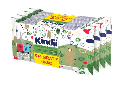 Vlhčené obrúsky Kindii Natural Balance, (4x60 ks) 3 + 1 zdarma