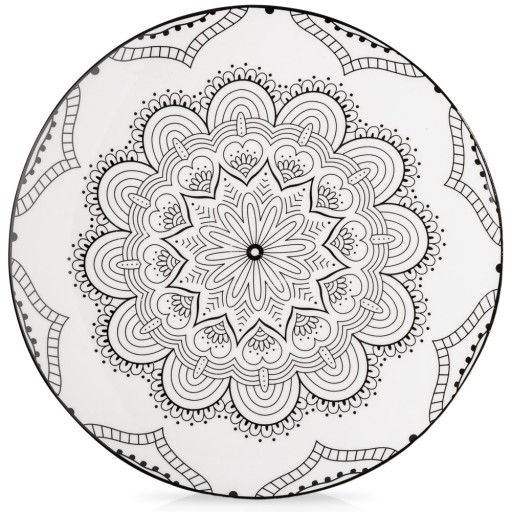 VEČEROVÝ tanier, plytký, veľký, na večeru, porcelán, biely, čierny, MANDALA, 27 cm