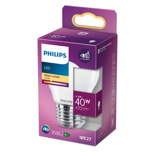 LED GUĽOVÁ žiarovka E27 4,3W = 40W 2700K PHILIPS