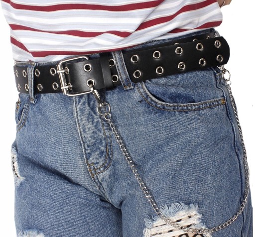 Čierny kožený dámsky opasok Punk Silver Reťaz