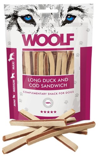 WOOLF prírodná pochúťka dlhé sendviče s kačicou a treskou 100g
