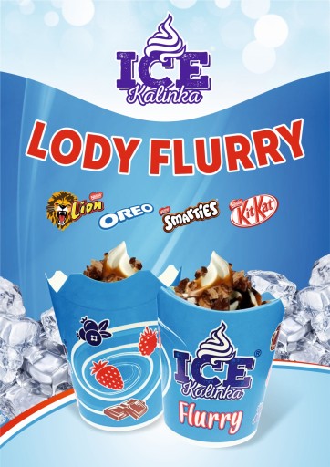 Modrý reklamný plagát formátu A2 FLURRY ICE CREAM – Kit Kat, Lion, Oreo, Smarties