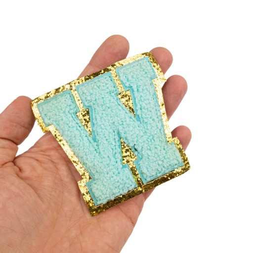 PATCH LETTER W, veľká aplikácia, trblietky, azúrové písmo