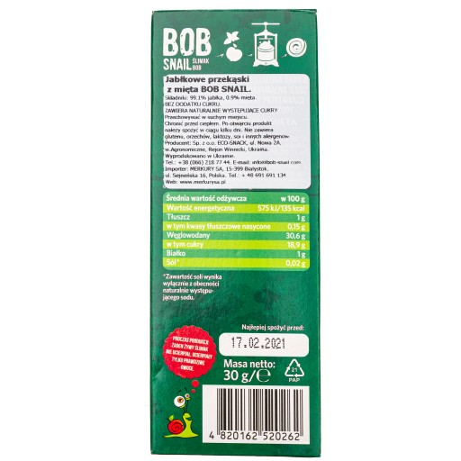 Bob Slimák Snack Jablko Mint 30g
