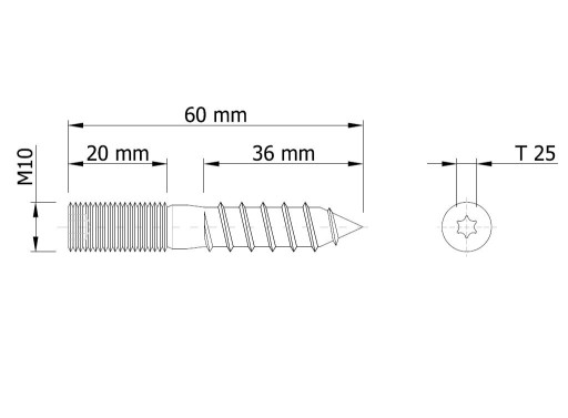 10 X Závit skrutky do dreva skrutka M10x60 mm