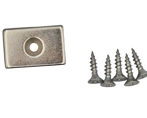 Neodymový tanierový magnet 30x20x5 N42 s kónickým otvorom 8/4 mm + 2x skrutka