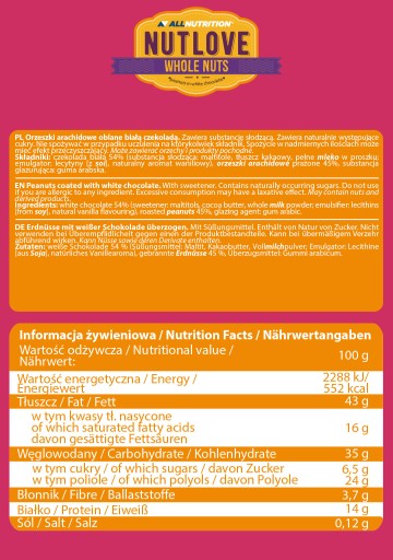 ALLNUTRITION NutLove WholeNuts Arašidy v bielej čokoláde, 300g