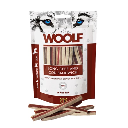 WOOLF LONG BEEF COD SENDWICH ZMLUVA PRE PSOV HOVÄDZIA COD 100G