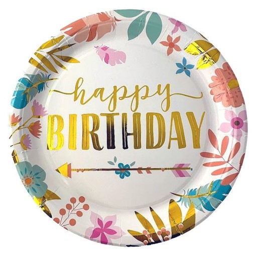 Happy Birthday papierové taniere 23cm BOHO FLOWERS zlatý nápis Birthday