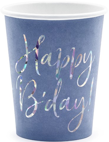HOLOGRAPHIC Happy Birthday Cups, NÁMORNÍCKA MODRÁ, na NARODENINY, 6 KS