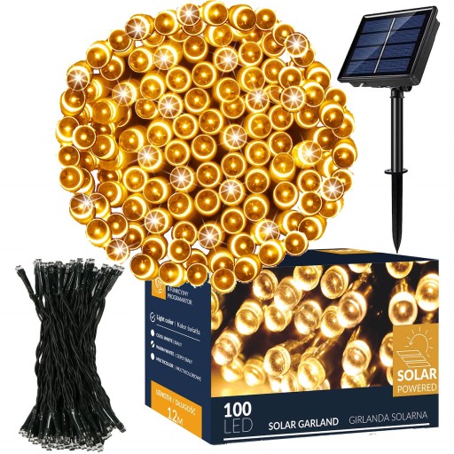 SOLÁRNE GARLANDOVÉ LAMPY 100 LED ZÁHRADNÉ solárne 12m TEPLÉ BIELE