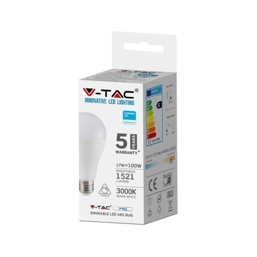 V-TAC SAMSUNG CHIP LED žiarovka 17W E27 A65 Stmievateľná VT-217D 6400K 5 rokov