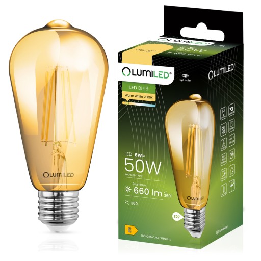 E27 EDISON ST64 LED žiarovka 6W JANTAROVÁ FILAMENT DEKORATÍVNA JANTAROVÁ